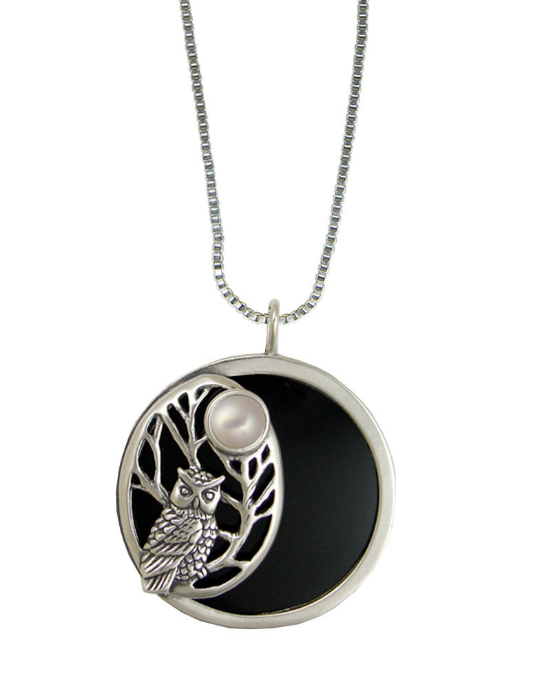 Sterling Silver Black Onyx Disc Wise Owl Pendant Necklace With Cultured Freshwater Pearl